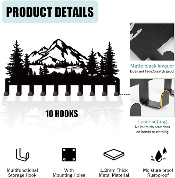 Metal Coat Racks with 10 Hooks Key Hooks for Wall Coat Rack Wall Mount Wall Art Decor Wall Mounted Key Holder for Kitchen, Entryway, Hallway, Bedroom, Doorway, Office (Mountain)
