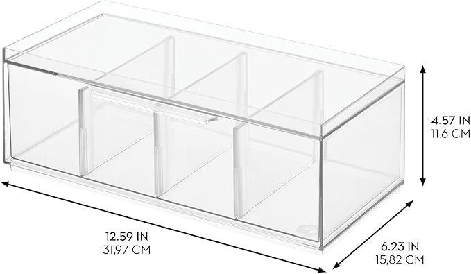 iDesign XL Tea Bag Organizer for Counter, 4-Section Clear Stackable Tea Storage Drawer for Cabinet, 2-Pack