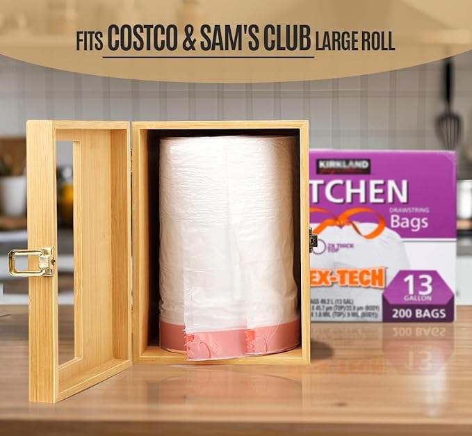 Extra Large Bamboo Trash Bag Dispenser Holder for Tall Kitchen Bags, Fits Costco Jumbo Rolls, 13–33 Gallon Garbage Bag Organizer for Pantry, Under Sink/Wall/Cabinet/Freestanding Mount