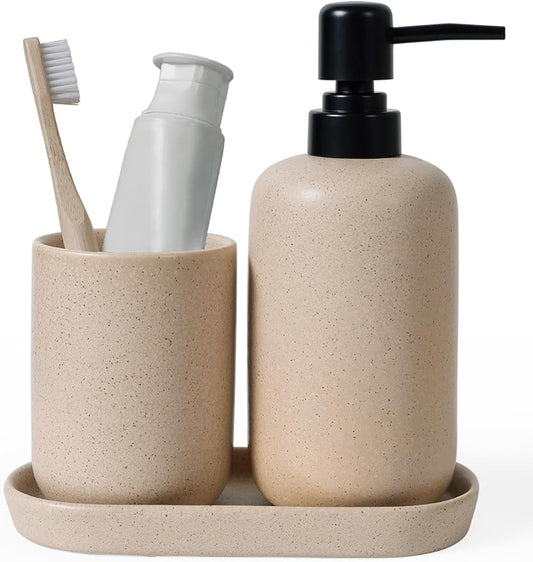 INGOFIN 3 Pcs Ceramic Bathroom Accessory Set - Liquid Soap Dispenser, Toothbrush Holder & Tray, Bathroom Counter Set, Countertop Essentials for Home, Guest Bathroom, or Office Use, Beige