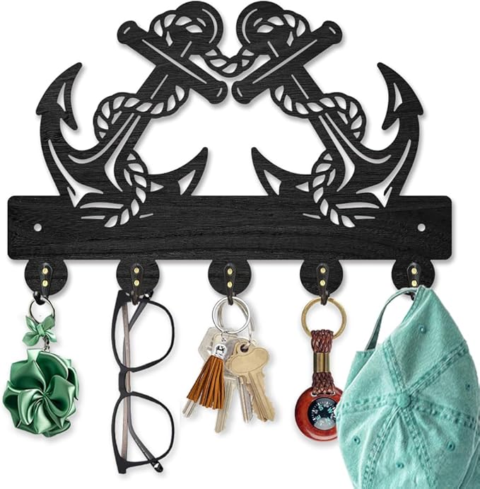 MAYJOYDIY Anchor Helm Wood Key Holder for Wall Nautical Sailor Rope Wall Mounted Key Hooks 11.8×7.9inch Coat Hanger Rack with 5 Alloy Hooks for Entryway Front Door Kitchen Office Decoration
