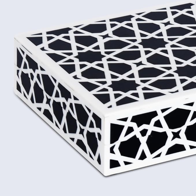 Handicrafts Home Large Decorative Storage Box with Lid – Black and White Coffee Table Storage Box, Decorative Remote Control Holder, Keepsake Box for Living Room & Shelf Decor – Moroccan Zellij 12x6x2