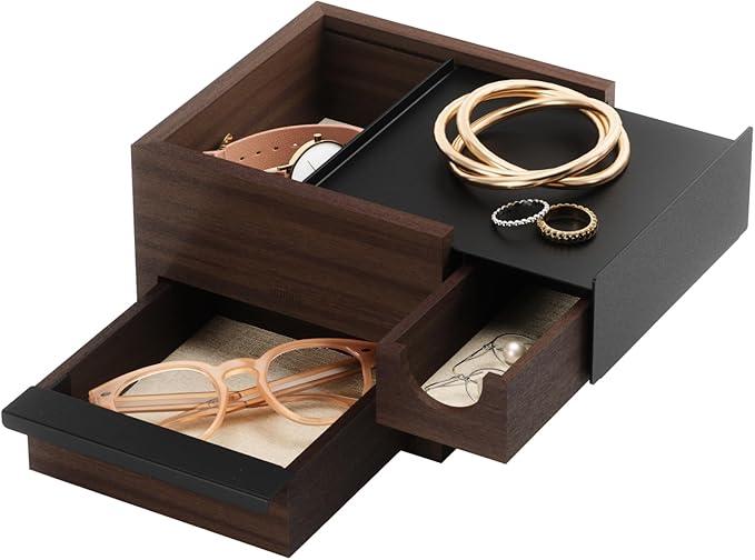 Umbra Mini Stowit Jewelry Box - Modern Keepsake Storage Organizer with Hidden Compartment Drawers for Ring, Bracelet, Watch, Necklace, Earrings, and Accessories, Black/Walnut