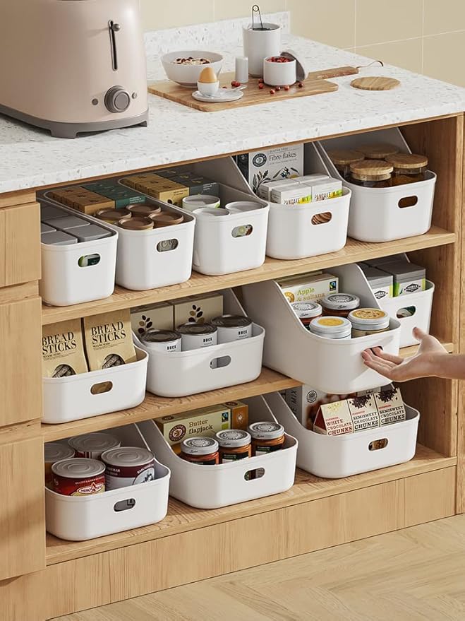 White Plastic Bins/Storage Organizers - Pantry Baskets, Bins for Shelves, Organizer and Storage for Bathroom, Bedrooms, Kitchens and More - Medium Size (1 Pack)