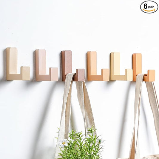6 Pack Cute Kids Coat Wall Hooks Wooden Adhesive Decorative Colorful Wall Mounted Hangers Backpack Hooks for Hanging Keys Towel Clothes Bathroom Organization(Neutral Colors)