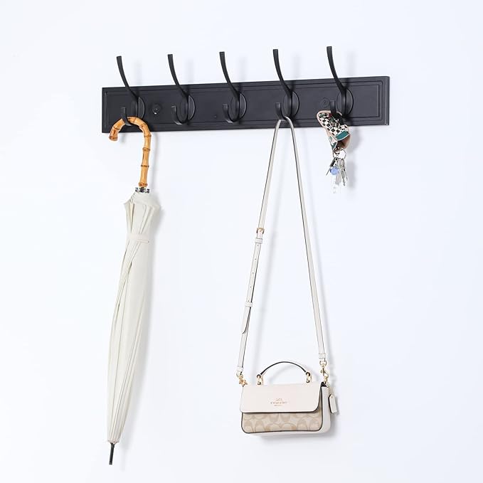 HOME MASTER HARDWARE Coat Rack Wall Mount Black, MDF Wall Mounted Coat Hooks for Hanging Coats, 27" Decorative Hat Rack for Wall with 5 Hooks
