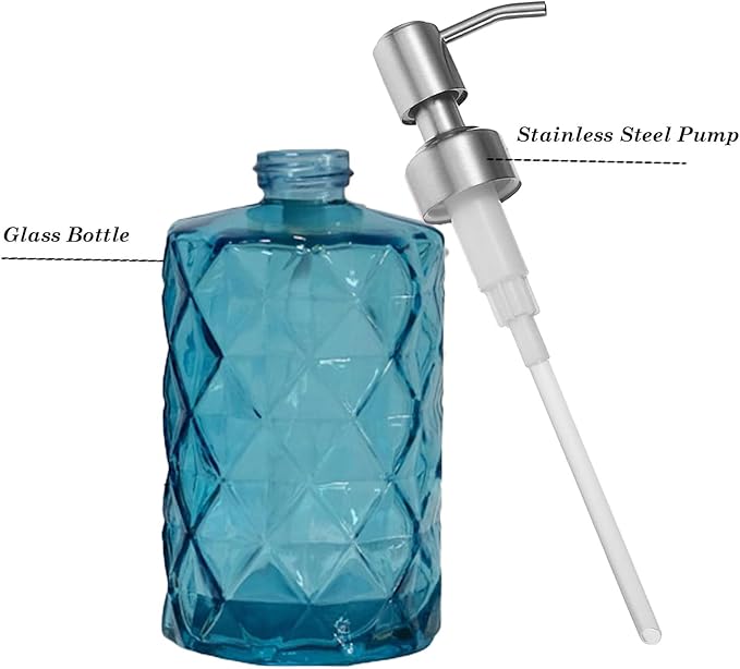 12Oz Blue Glass Soap Dispenser with Stainless Steel Pump, Refillable Kitchen Liquid Hand Soap Dispenser with Diamond Design, for Dispense Hand soap, Dish Soap, Lotion, Bathroom, Countertop, Hotel