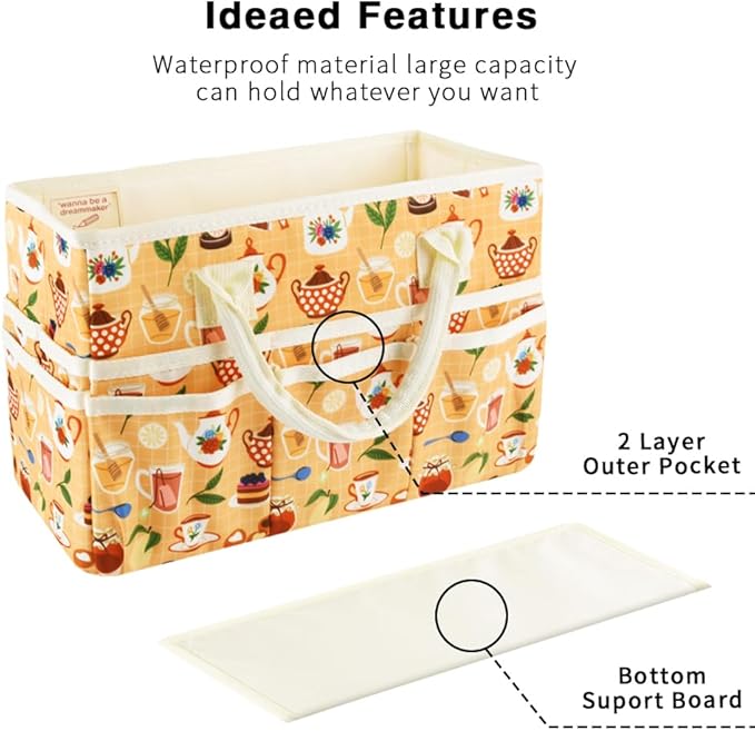 E-WEICHEN Craft Organizer Tote Bag Art Storage Caddy with Multiple Pockets Containers for Art,Craft,and Office Supplies Storage.Yellow Teapot