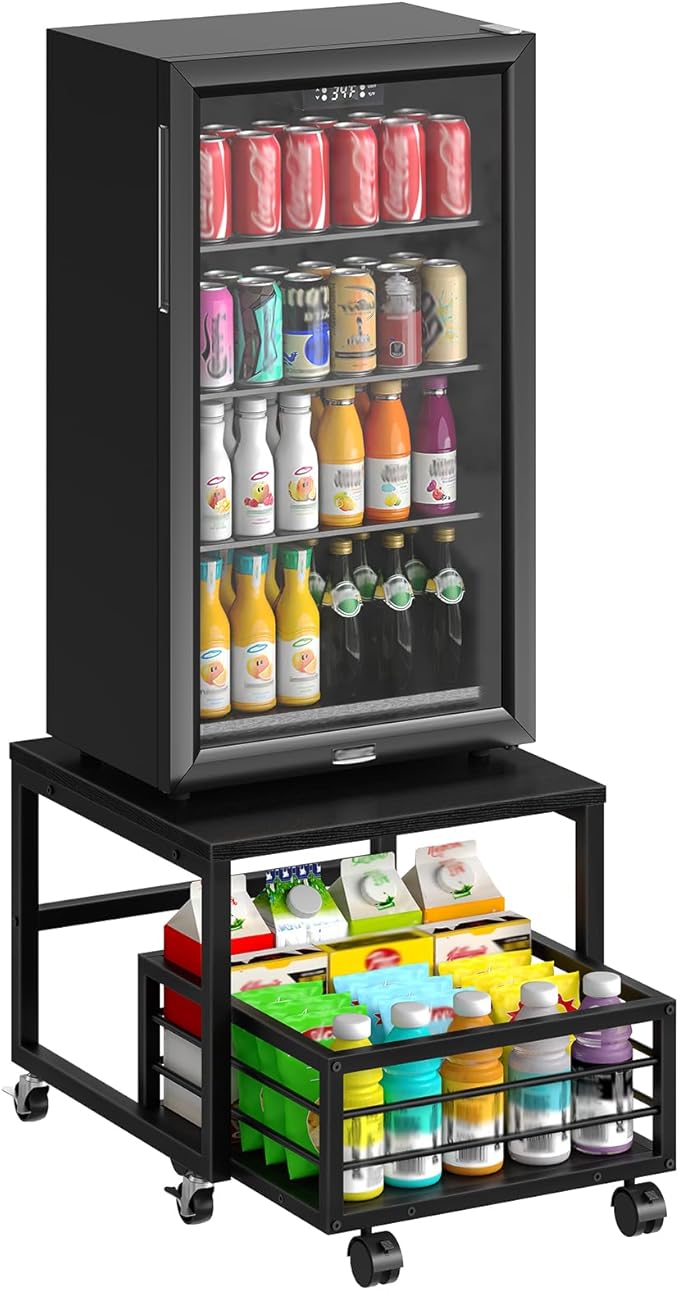 HOOBRO Mini Fridge Stand with Movable Storage Basket, Mini Fridge Cabinet with Wheels and Adjustable Feet, Sturdy Metal Frame, for Kitchen, Living Room, Office, Black BB155TL01