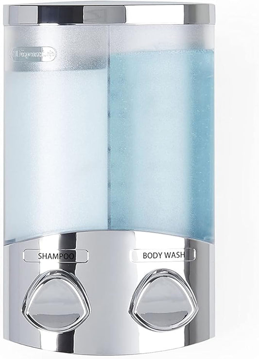 Better Living EURO Shower Dispenser Wall Mount Shower Soap Dispenser for Bathroom Hotel Body Wash, Corner or Flat Wall Shower Shampoo Dispenser, Built-in Hooks, 2 x 10.5 oz, Chrome, 2-Chamber