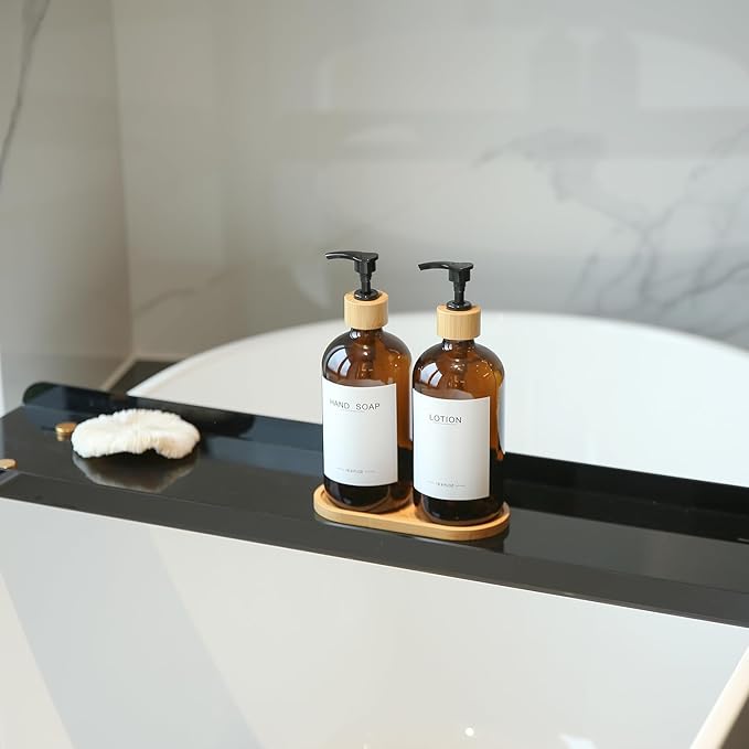 Amber Glass Soap Dispenser with Bamboo Pumps&Tray&Labels, Hand Dispenser, Lotion Dispenser, Dish Soap Dispenser for Kitchen Sink. (Amber)