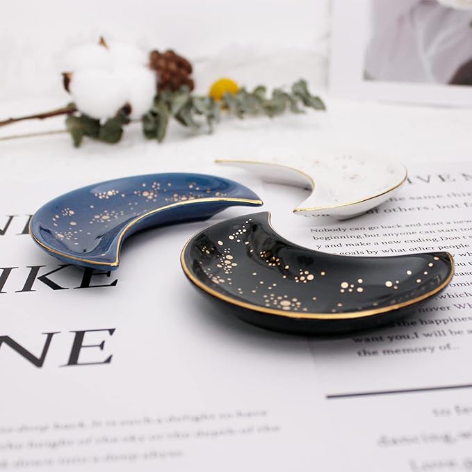 Soddeph Small Moon Ceramic Jewelry Tray, Decorative Trinket Dish, Ring Holder Plate, Modern Accent Tray for Bathroom, Nightstand, Entryway Table, Vanity (2, Black)