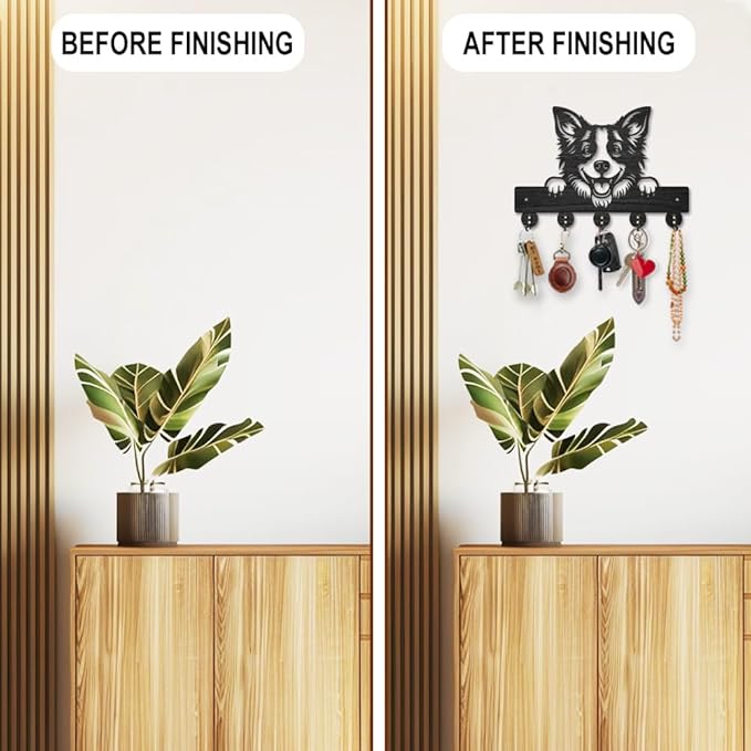MAYJOYDIY Border Collie Key Holder for Wall Decorative Dog Leash Hanger Peeking Dog Wood Key Hooks 11.8×7.9inch with 5 Alloy Hooks for Entryway Front Door Kitchen Office Decoration