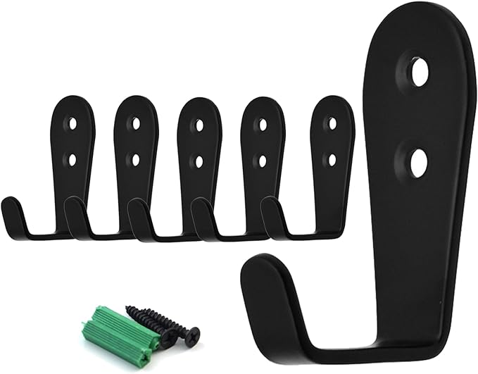 Coat Hooks Black, 6 Pack Jacket Hooks Wall Mounted Stainless Steel Single Robes Hook Heavy Duty, Large L Metal Hook for Entryway Kitchen Bedroom Bathroom Office Toilet