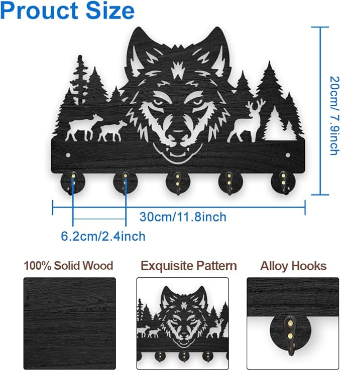 MAYJOYDIY Wooden Wolf Deer Coat Hooks Wall Mount Forest Animal Tree Key Holder Organizer 11.8×7.9inch Decorative Wildlife Wall Hooks for Hanging 5 Alloy Hooks Entryway Kitchen Office Gift