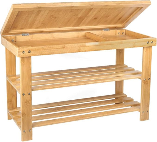 BAMBUROBA Shoe Rack Storage Bench Bamboo Organizer Entryway Organizing Shelf with Storage Drawer on Top, Natural