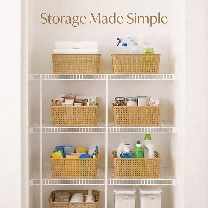 Khaki Stackable Storage Baskets, Plastic Weave Basket Organizer and Storage Set of 12, Pantry Organizing Baskets for Shelves, Kitchens, Bathrooms, Classrooms, Cabinets and Bedrooms