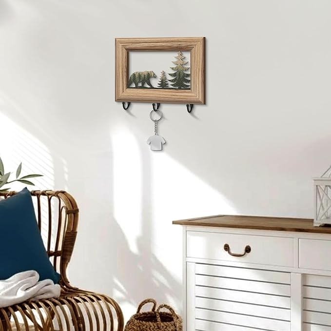 Woodland Bear Key Holder with 3 Metal Hooks Log Framed Black Bear Hooks Rustic Wildlife Cabin Farmhouse Forest Wall Mount Hanger Rack Key Hanger for Kitchen, Entryway, Hallway Decor