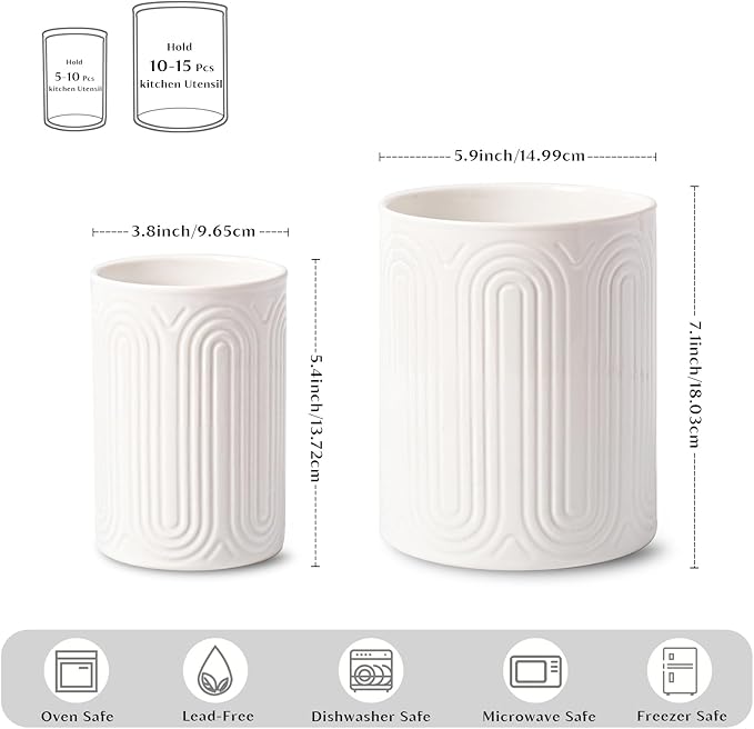 INSETLAN Ceramic Utensil Holder Set – 7.1" & 5.4" Kitchen Utensil Organizers for Countertop, Arch-Design Utensil Crocks for Farmhouse Decor & Kitchen Counter, Perfect Housewarming Gift
