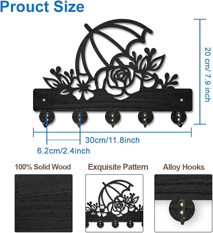 MAYJOYDIY Rose Umbrella Key Holder for Wall Flower Leaves Wall Mounted Key Hooks 11.8×7.9inch Wood Key Hanger Rack with 5 Alloy Hooks for Entryway Front Door Kitchen Office Decoration