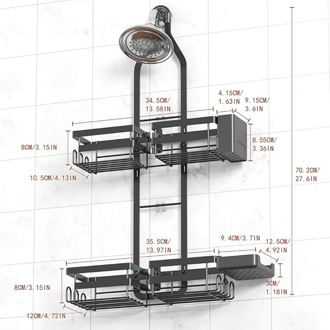 Shower Caddy Hanging for Handheld Showerheads, Rustproof Black Shower Organizer with Hooks, Soap Holder & Toothbrush Holder, No Drilling Shower Storage Rack for Bathroom