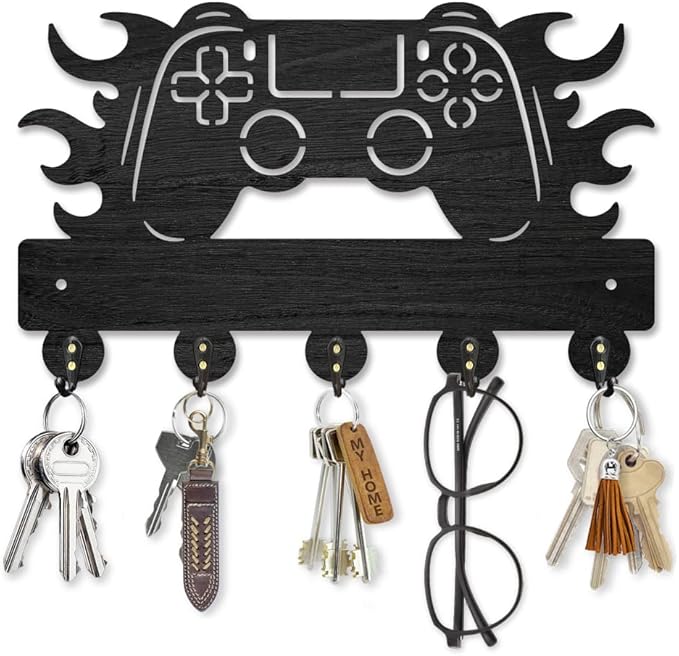 MAYJOYDIY Gamepad Wood Key Holder for Wall Flame Game Controller Key Hooks 11.8×7.1inch Key Hanger Rack with 5 Alloy Hooks for Entryway Front Door Kitchen Office Decoration