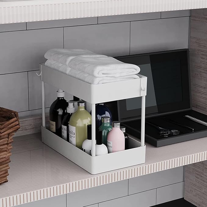 Under Sink Organizer, Under Bathroom Sink Storage 2 Tier Organizer Bath Collection Baskets with Hooks, Under Sink Shelf Organizer Rack, Multi-purpose Under Sink Storage for Bathroom Kitch(Color:White)