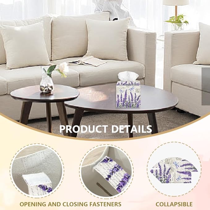 Lavender Tissue Box Holder, Flower Square Tissue Box Cover Foldable Tissue Storage Box Waterproof Paper Towel Case Container Organizer Tissue Box Holder for Bedroom Bathroom Car Nightstand