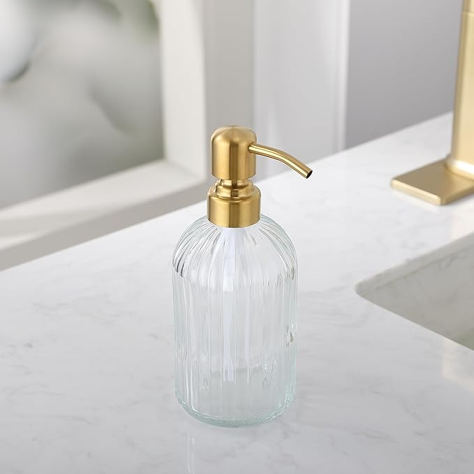 Gold Refillable Glass Kitchen Soap Dispenser,16oz Bathroom Soap Dispenser with Vertical Strip,Golden 304 Stainless Steel Pump Head, Clear Thick Glass,for Modern Home Decor, Countertop, Hotel