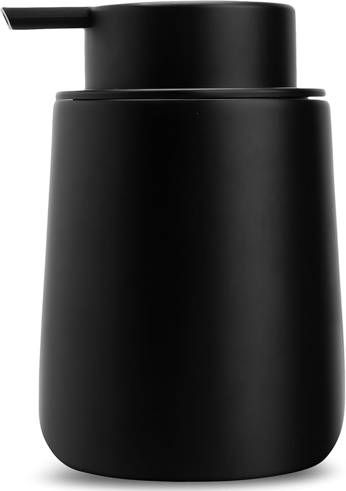 Matte Black Round Soap Dispenser for Kitchen & Bathroom – 9 oz Refillable Resin Pump Bottle for Dish Soap, Hand Soap, Shampoo, Conditioner – Modern Countertop Dispenser with Non-Slip Protective Pads