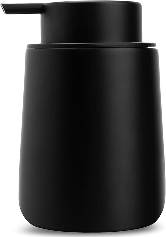Matte Black Round Soap Dispenser for Kitchen & Bathroom – 9 oz Refillable Resin Pump Bottle for Dish Soap, Hand Soap, Shampoo, Conditioner – Modern Countertop Dispenser with Non-Slip Protective Pads