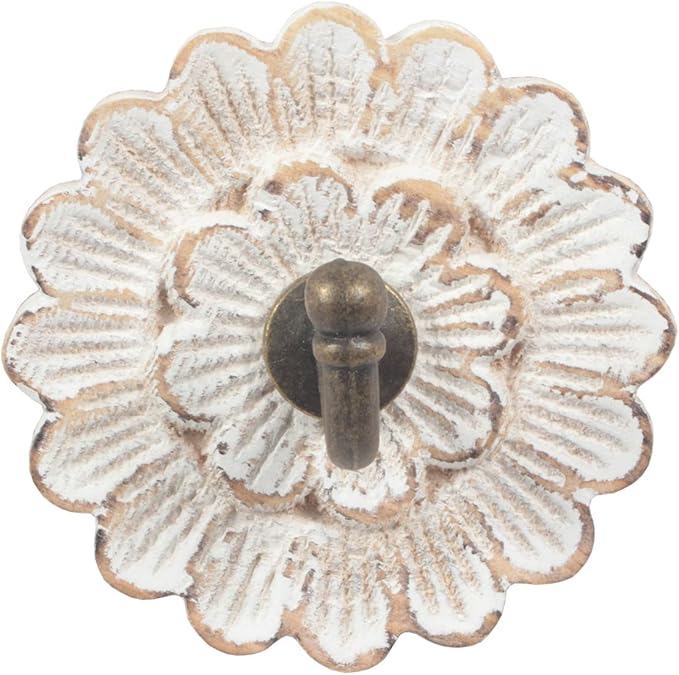 Distress Wood Flower Coat Hooks for Wall Hanging, Single Small Vintage Decorative Hanger for Keys, Bags, Towels (Robe Hanger)