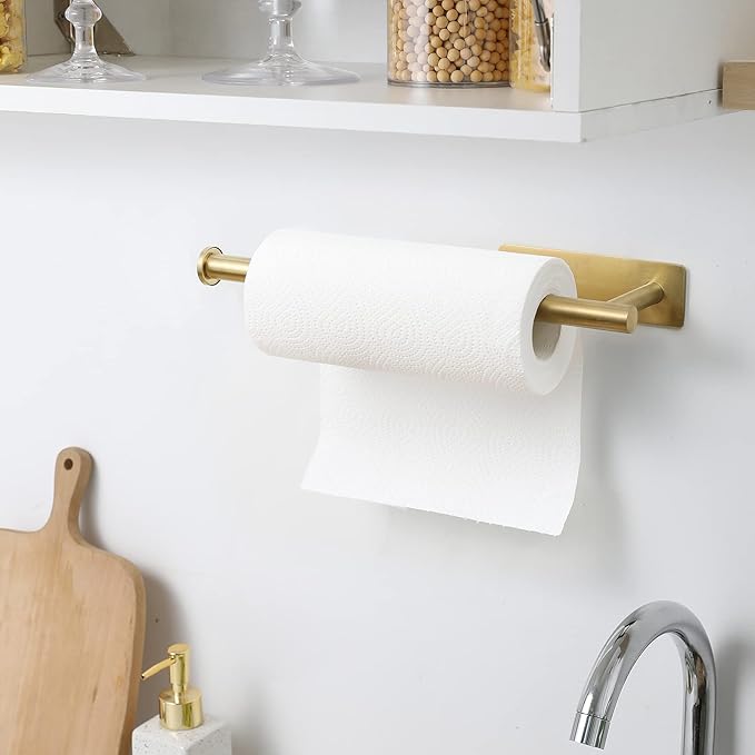 theaoo Paper Towel Holder for Kitchen, Adhesive Under Cabinet Paper Towel Roll Rack for Bathroom Towel, Wall Mounted Matte Black, SUS304 Stainless Steel(1, Gold)