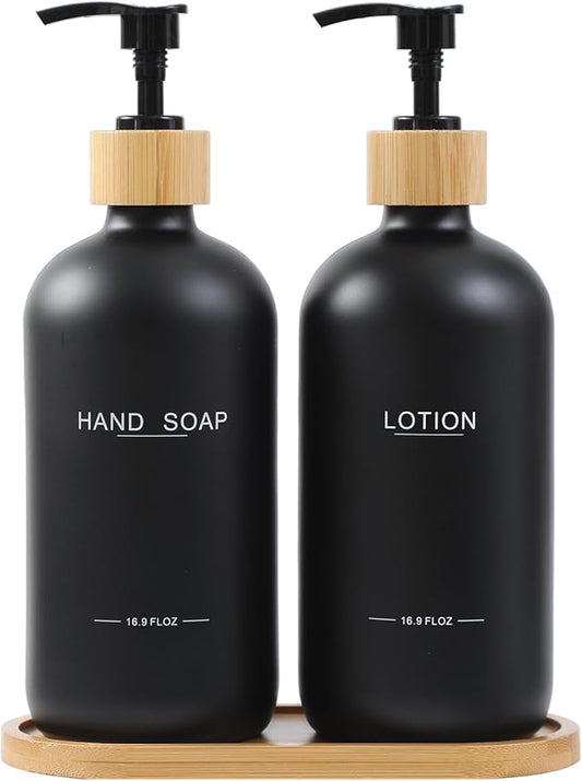 Black Soap Dispenser Bathroom Set, Bamboo Pumps & Tray, Hand Soap, and Lotion Dispenser Set Suitable for Bathroom Counter Decor. (Black)