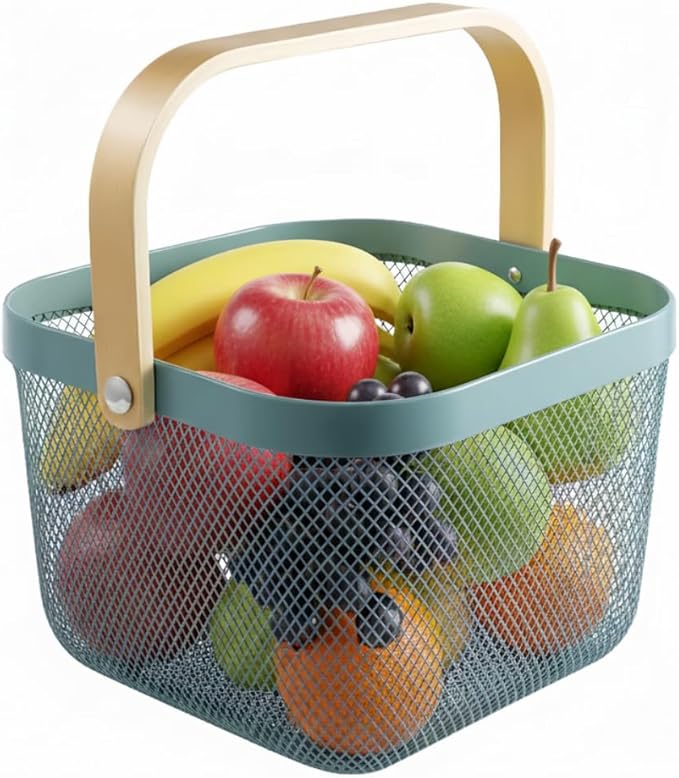 Mesh Steel Storage Organizer Basket Fruit Basket Bin with Wood Handle Ideal for Kitchen Bathroom Picnic Baskets Pantry Cabinets Storage Home Decor (Light Blue)