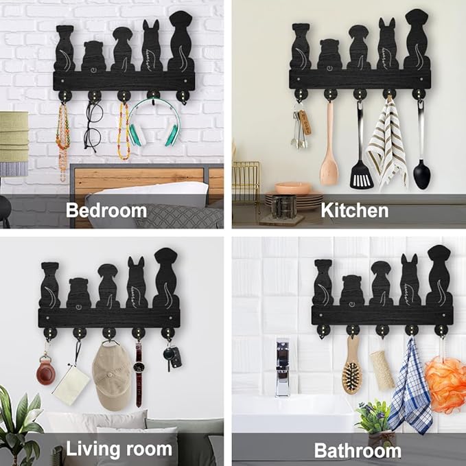 MAYJOYDIY Dog Coat Rack Wall Mount 11.87.9inch 5 Style Key Holder for Wall Decorative Wood Black Key Rack Hanger Organizer 5 Alloy Hooks for Leash Wall Art Decor Dog Lover Gift