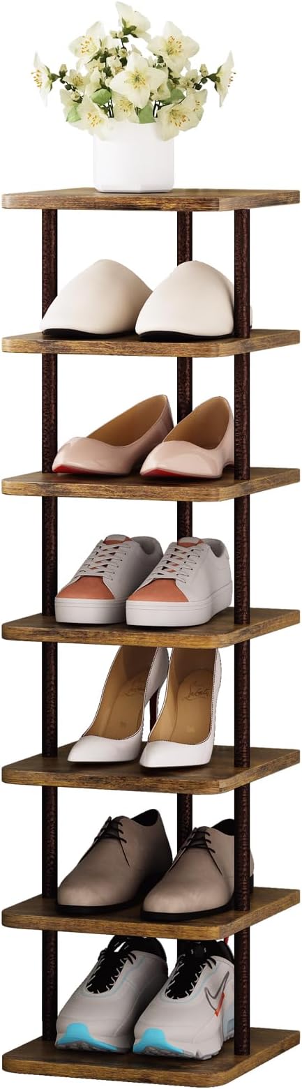SORCEDAS 7 Tiers Vertical Shoe Rack Wooden Shoe Storage Organizer for Space Saving Narrow Shoe Shelf Storage 7 Pairs for Entryway Living Room Bedroom(Bronze + Rustic Dark Brown)