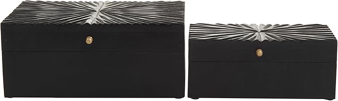 CosmoLiving by Cosmopolitan Wood Geometric Decorative Box Decorative Keepsake Boxes with Hinged Lid, Set of 2 Storage Boxes 10", 8"W, Black