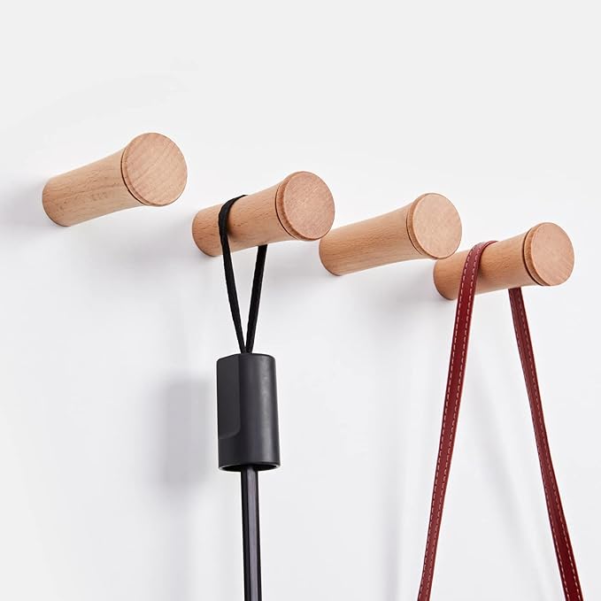 HomeDo 8Pack Wood Wall Hooks Hat Rack, Wooden Coat Hooks Wall Mounted, Decorative Single Organizer Hat Hanger Towel Rack, Heavy Duty Hooks (Beech-2inch-8Pack)