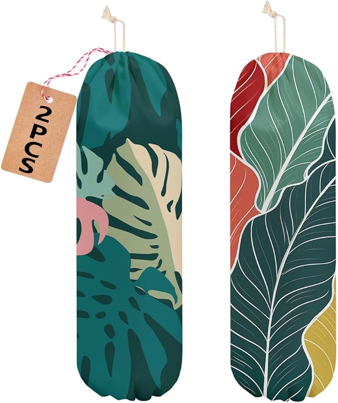 2 Pcs Palm Leaves Plastic Bag Holder, Botanical Grocery Bag Holder for Plastic Bags, Reusable Grocery Bag Organizer with Drawstring, Pull Rope Free Adjustment, Home Kitchen Pantry Decor, 22.5x9 Inch
