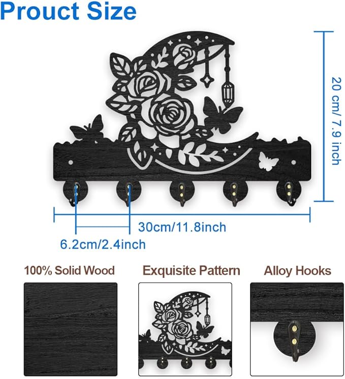MAYJOYDIY Moon Flower Wood Key Hook Butterfly Leaf Coat Holder for Wall 11.8×7.8 inch Black Star Botanical Wall Mounted Key Rack with 5 Alloy Hooks for Entryway Bedroom Living Room Home Decor