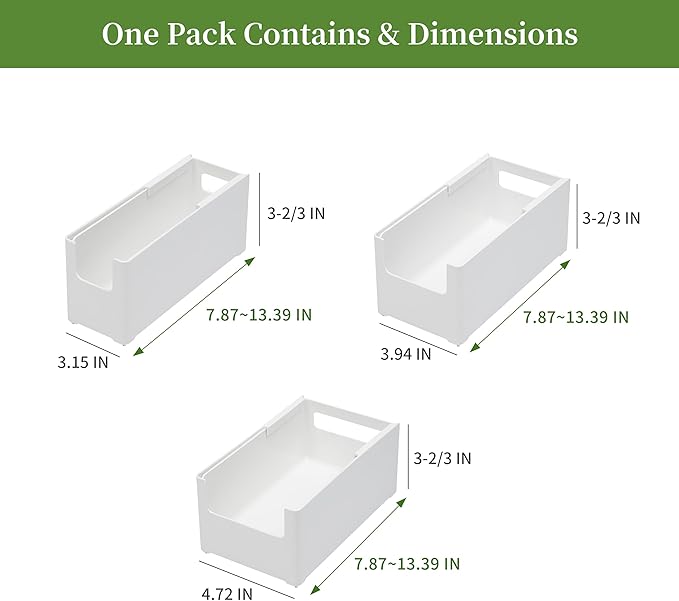 Adjustable Storage Bins for Home and Kitchen, Deep Stackable 3 Pieces Different Sizes Organizing Boxs for Cabinet Pantry Closet Refrigerator and Cupboard in White Plastic，WH-AD-White-Set-3PC