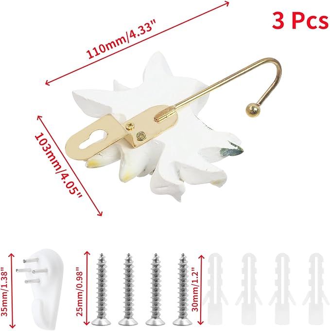 Oedema 3 Pcs Decorative Wall Hooks Resin Vintage Flower Key Hooks Wall Mount Coat Rack Hanger for Hanging Coats, Hats, Bags