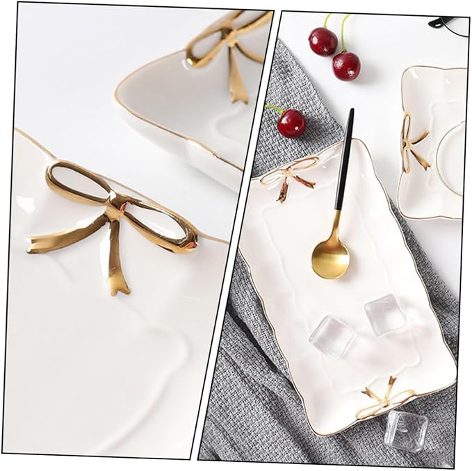 Ceramic Jewelry Tray with Bow Accent 7.87X4.72 Inch Rectangular Jewelry Dish Organizer for Home Countertop Storage and Cosmetics Accessories