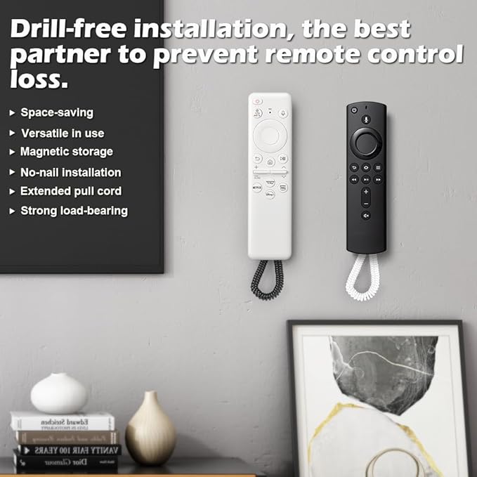 WALLFID 2-Pack Magnetic Remote Control Holders with Spring Ropes - Safely Secure TV Remotes & Small Items, Wall-Mount with Adhesive, Anti-Loss, Rapid Adsorption, Extendable Spring.(Black, 2 Pack)