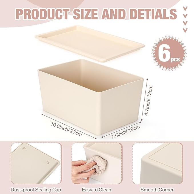 Menkxi 6 Pcs Storage Bins with Lids Small Plastic Storage Containers Stackable Storing Baskets Box Cute Organizer Bins for Organizing Shelves (Beige)