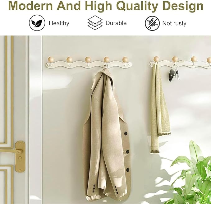 2 Pack Coat Rack Wall Mount,White Wall Hooks,Anti-Tear Wooden Ball Hook Rail, Heavy Duty Metal Coat Hanger Wall Mount for Entryway, Bathroom, Bedroom, Kitchen(White)