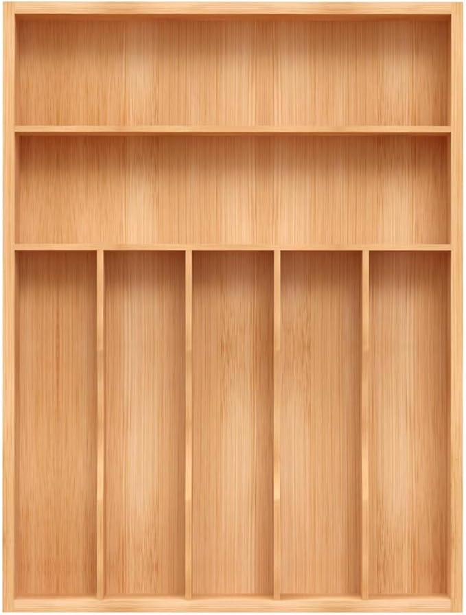 Bamboo Utensil Drawer Organizer, Silverware Tray Organizer, Kitchen Drawer Organizer for Flatware Cutlery, Silverware Tray for Drawer (Natural, Large 16.5x12.3 Inch)