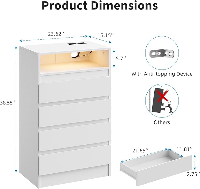 4 Drawer Dresser with Charging Station and LED Lights, Modern Chest of Drawers with Power Outlet, Organizer Cabinet for Bedroom, Living Room, Entryway, White