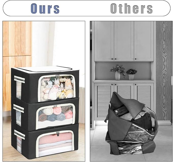 Stackable Clothes Storage Box for Clothing Gadgets,Steel Frame Storage Bins for Toys Gift,Foldable Oxford Fabric Closet Organizer Bag Set w/Carry Handles Clear Window (Small- 22L x3 Pack, Black)